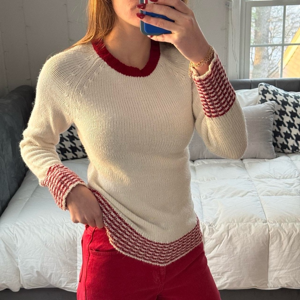Alpine Après Ski Red and Cream Sweater with Red Accents and Stripe Detail
